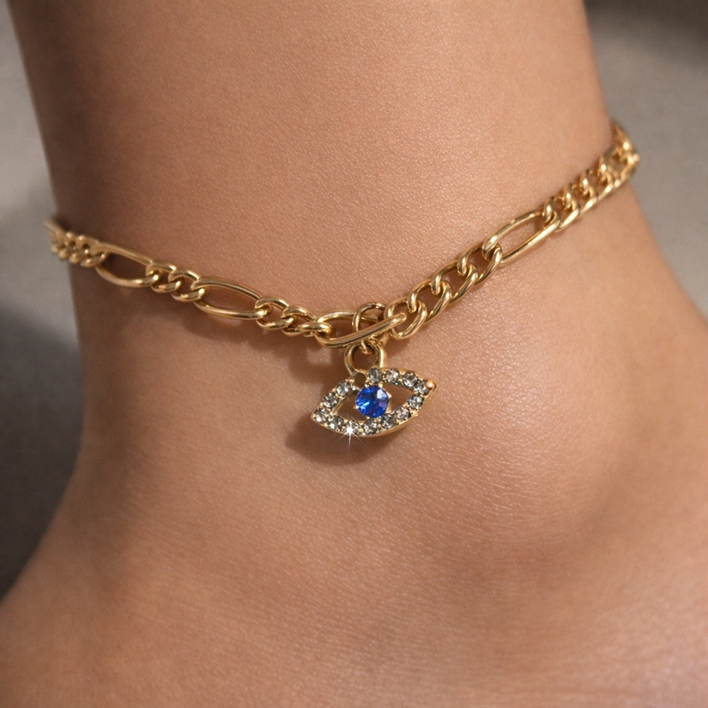 Gold Sparkle Evil Eye Charm Anklet with Blue Crystal - Ankle Bracelet Jewelry